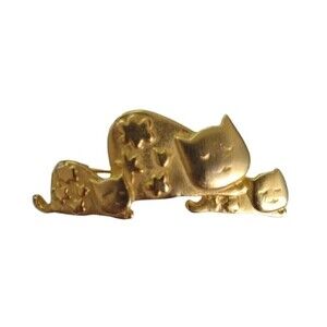 Goldtone Cat with Sleeping Kittens Figural Whimsical Brooch Pin